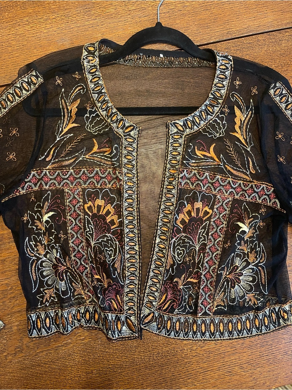 Embroidered Sheer Bolero Jacket in Black with Gold & Burgundy Accents